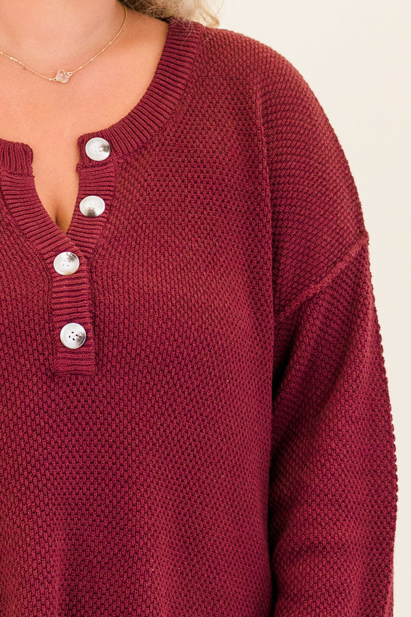 Chic Soul plus size clothing, wine long sleeve knit sweater with button up detail with cuff sleeves and slits on the bottom side of top