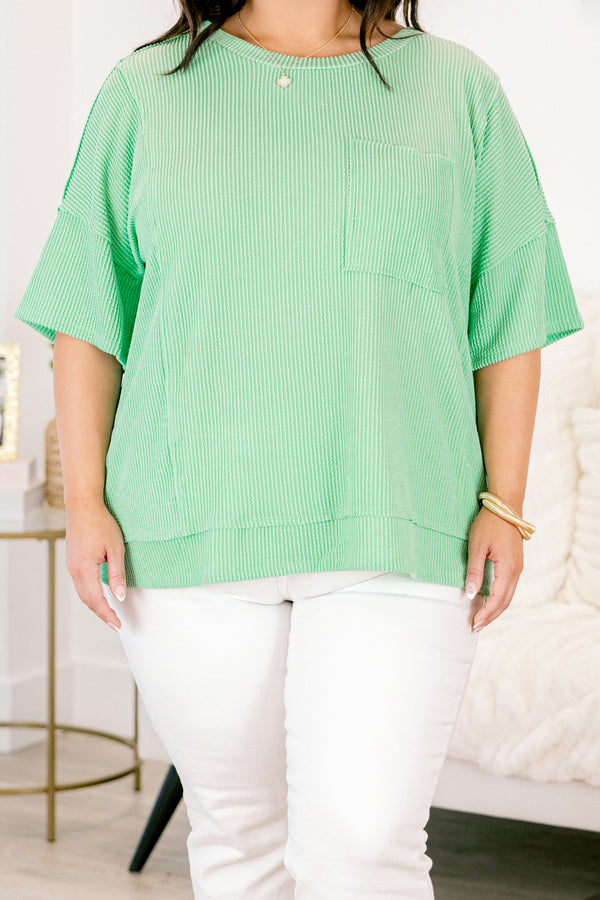 Chic Soul Plus size clothing, aqua short sleeve casual top with a ribbed pattern and a front pocket 

