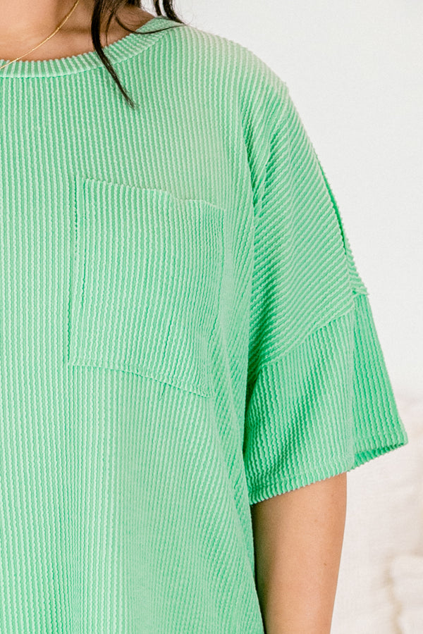 Chic Soul Plus size clothing, aqua short sleeve casual top with a ribbed pattern and a front pocket 
