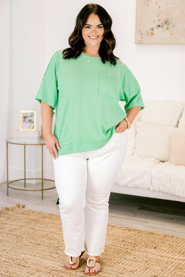 Chic Soul Plus size clothing, aqua short sleeve casual top with a ribbed pattern and a front pocket 
