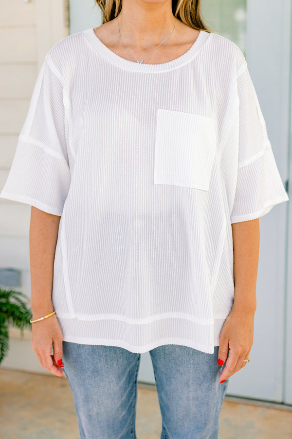 Chic soul plus size clothing, white short sleeve casual top with a ribbed pattern and a front pocket
