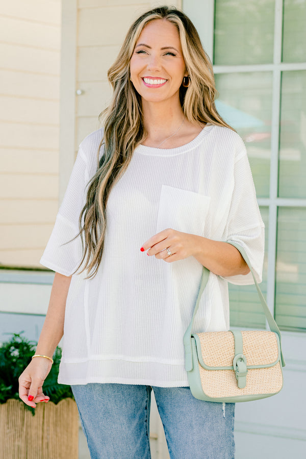 Chic soul plus size clothing, white short sleeve casual top with a ribbed pattern and a front pocket
