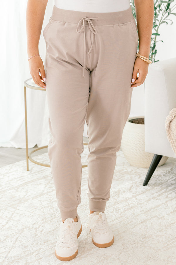 Chic Soul plus size clothing, ash mocha drawstring stretchy waistband joggers with band at the ankles 
