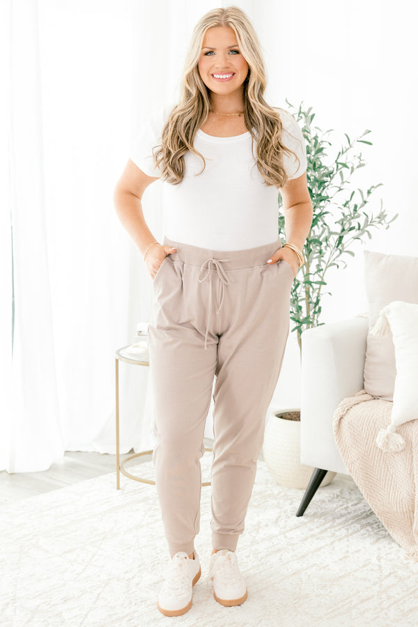 Chic Soul plus size clothing, ash mocha drawstring stretchy waistband joggers with band at the ankles 
