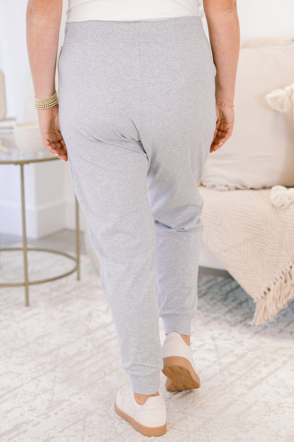 Chic Soul plus size clothing, heather grey joggers with drawstring waist tie and cinching at the ankles