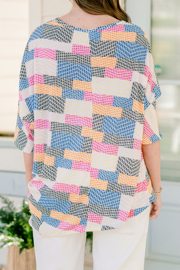 Chic Soul plus size clothing, quarter-sleeve multi-colored abstract striped top with a scoop-neckline