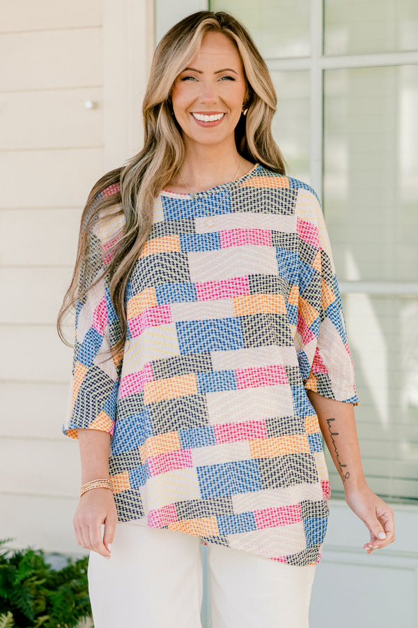 Chic Soul plus size clothing, quarter-sleeve multi-colored abstract striped top with a scoop-neckline