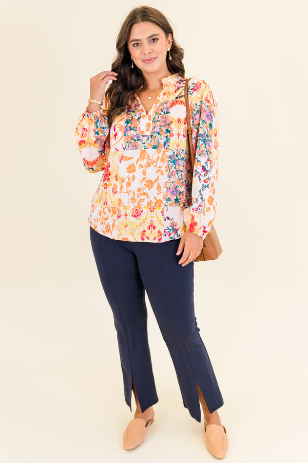 Chic Soul plus size clothing, multi floral print long sleeve top with v cutout along neckline with cuff sleeves with collar detail