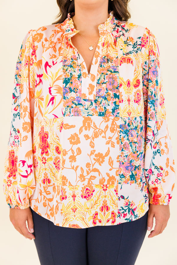 Chic Soul plus size clothing, multi floral print long sleeve top with v cutout along neckline with cuff sleeves with collar detail