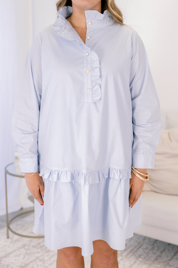 Chic Soul plus size clothing, light blue long sleeve straight cut dress with pearl button up ruffle collar and ruffle detailing around the bottom