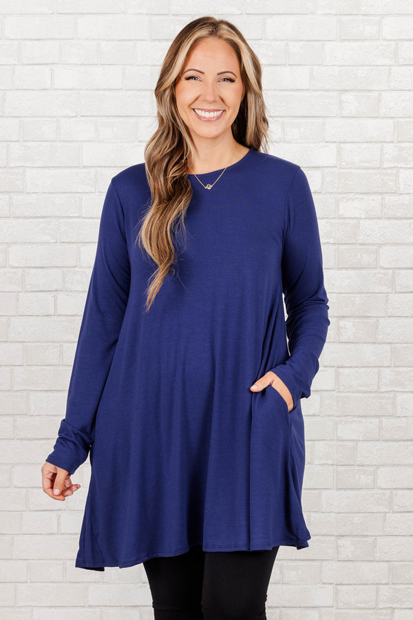Chic Soul plus size clothing, light navy flowy long sleeves tunic with pockets