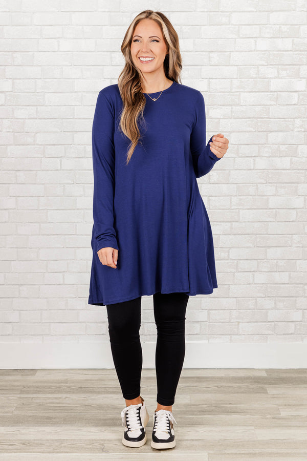 Chic Soul plus size clothing, light navy flowy long sleeves tunic with pockets