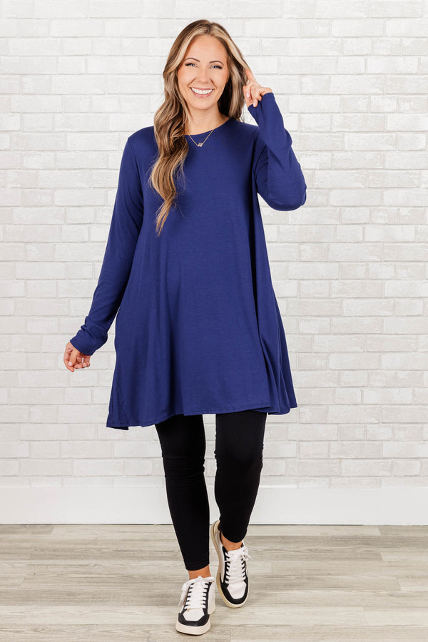 Chic Soul plus size clothing, light navy flowy long sleeves tunic with pockets