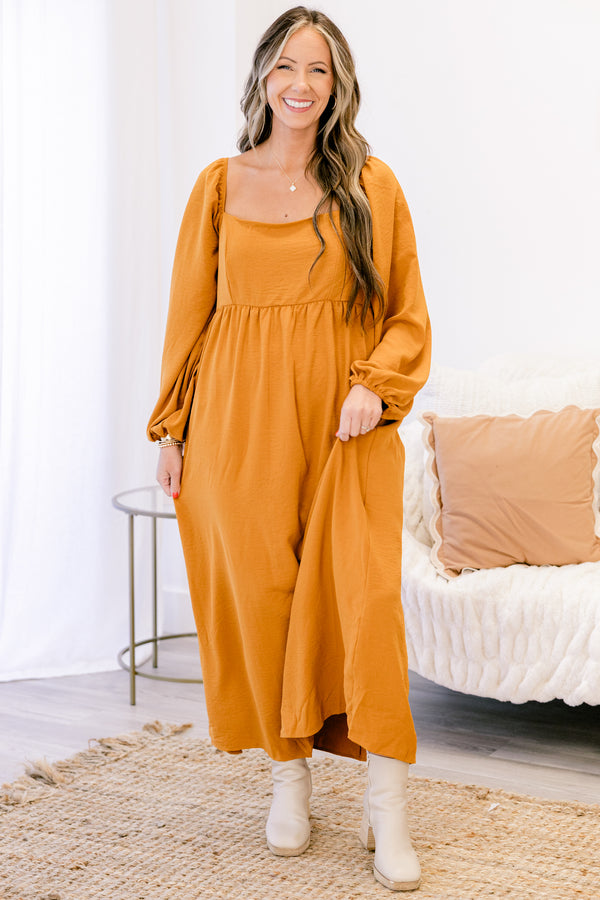 Chic Soul plus size clothing, mustard yellow long balloon sleeve satin maxi dress with straight neckline flowy bottom