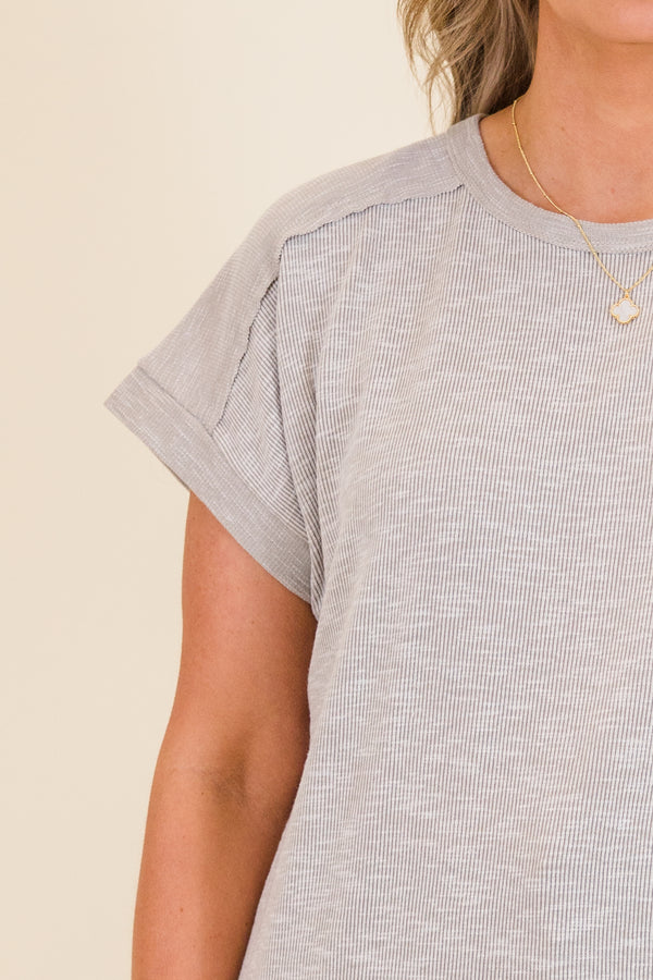 Chic Soul plus size clothing, sand plain waffle knit short sleeve top with cuffed sleeves and outer stitching detail along shoulders 
