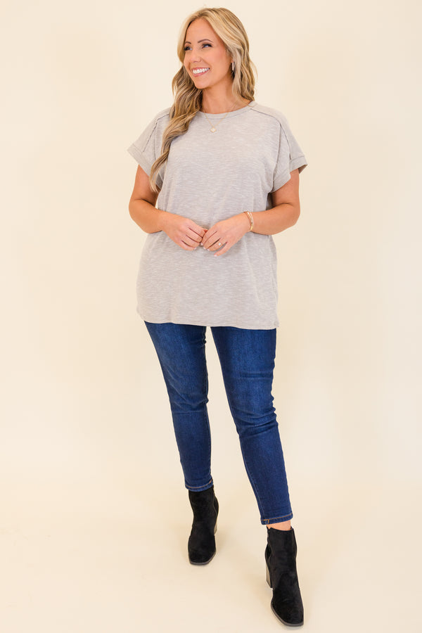 Chic Soul plus size clothing, sand plain waffle knit short sleeve top with cuffed sleeves and outer stitching detail along shoulders 