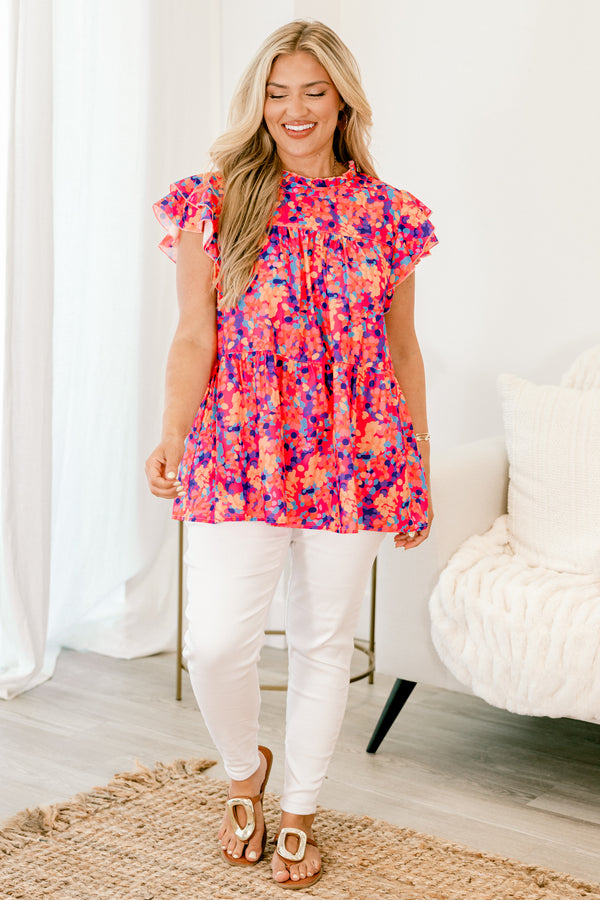 Chic Soul Plus size clothing, pink babydoll top with a colorful polka dot pattern and flutter sleeves 
