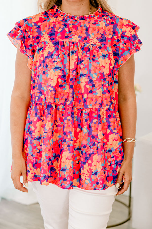 Chic Soul Plus size clothing, pink babydoll top with a colorful polka dot pattern and flutter sleeves 
