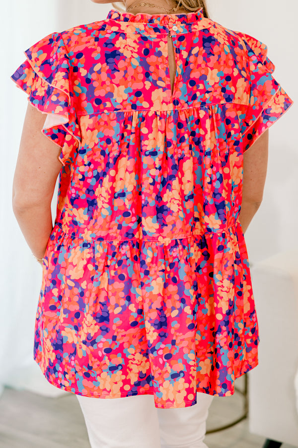 Chic Soul Plus size clothing, pink babydoll top with a colorful polka dot pattern and flutter sleeves 
