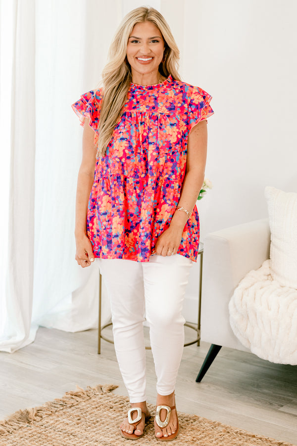 Chic Soul Plus size clothing, pink babydoll top with a colorful polka dot pattern and flutter sleeves 
