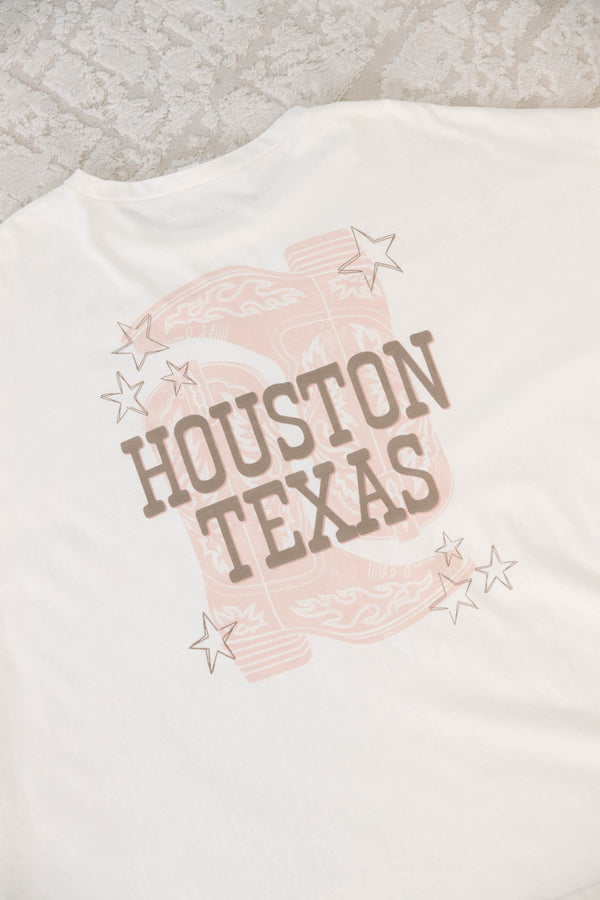 Plus size clothing, ivory oversized boyfriend tee with Houston, Texas graphic and cowboy boots