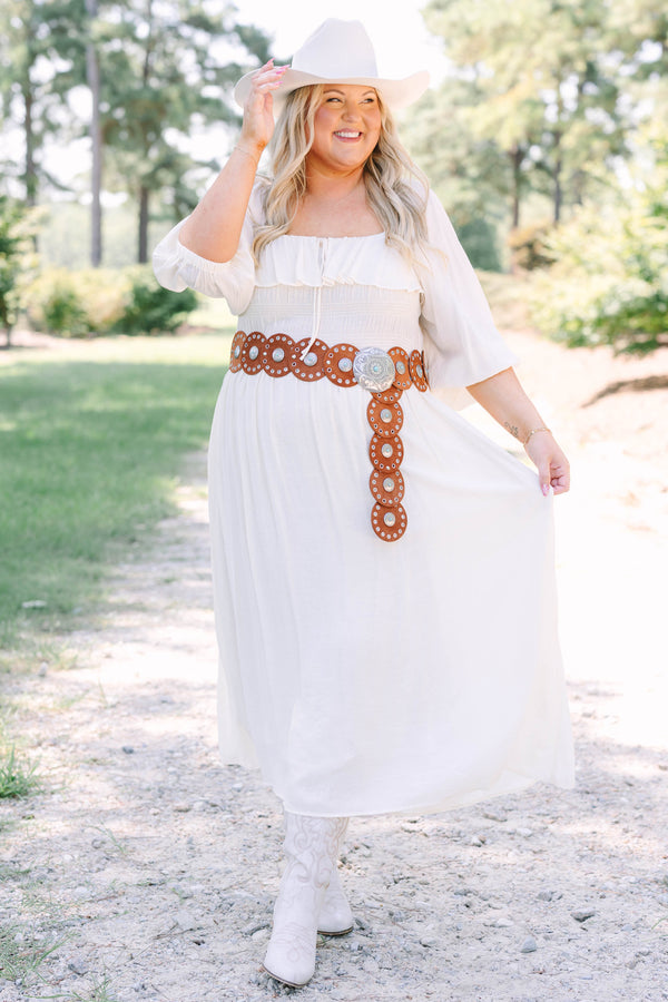 Plus Size cream midi dress with ruffle neckline, tiered bodice, and flowy three-quarter sleeves.