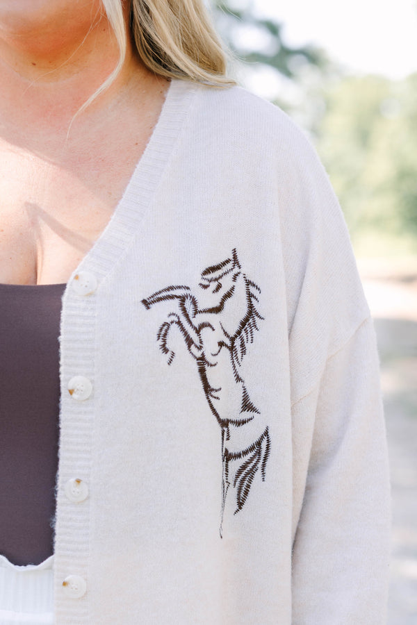 Plus Size tan knit cardigan with horse embroidery, button front, and long sleeves.