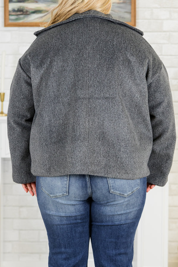Chic Soul plus size clothing, long-sleeve faux wool blend buttoned gray pea coat with tortoise button detailing