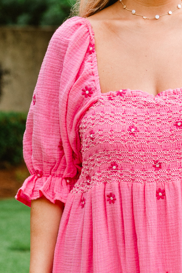 Chic Soul plus size clothing, hot pink  bubble sleeve maxi dress with embroidered dark pink flowers and ruched top