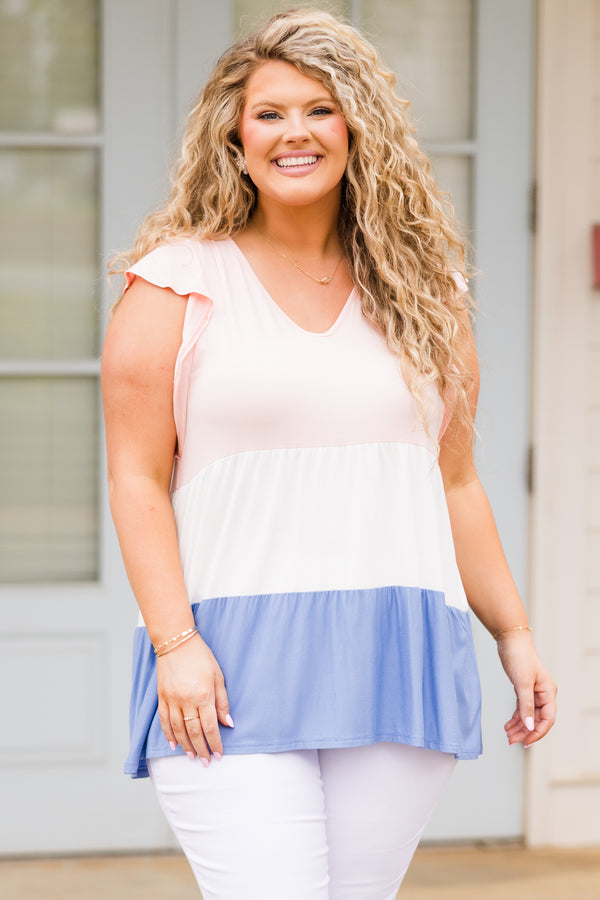 Chic Soul plus size clothing, pink, ivory, and blue tiered babydoll top with v neckline and ruffle short sleeves