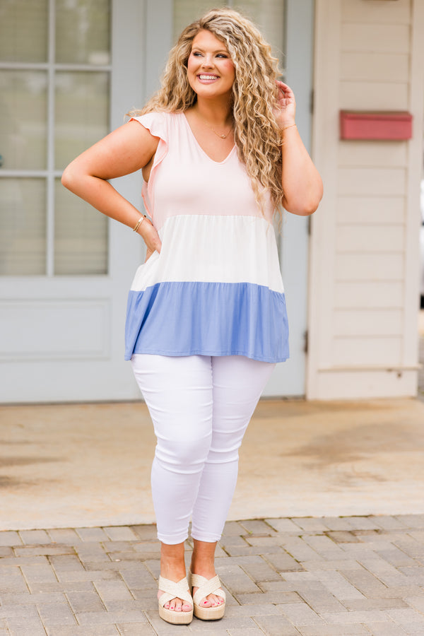 Chic Soul plus size clothing, pink, ivory, and blue tiered babydoll top with v neckline and ruffle short sleeves