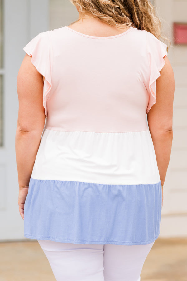 Chic Soul plus size clothing, pink, ivory, and blue tiered babydoll top with v neckline and ruffle short sleeves