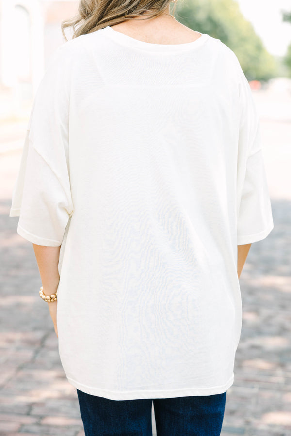 Plus Size ivory oversized boyfriend tee with a pumpkin patch graphic and short sleeves.