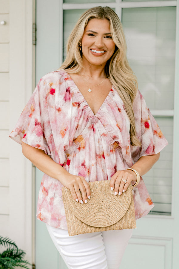 Chic Soul plus size clothing, short-sleeve deep-v-neckline pink top with a watercolor purple floral pattern