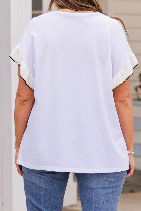 Chic Soul plus size clothing, white short sleeve tshirt top with knit ruffles along sleeves with black and gold detailing