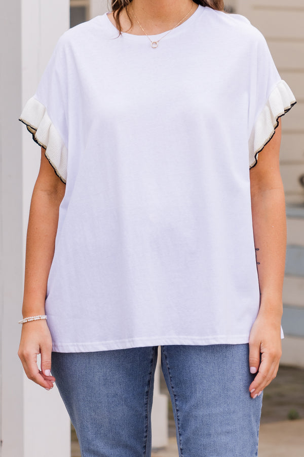 Chic Soul plus size clothing, white short sleeve tshirt top with knit ruffles along sleeves with black and gold detailing