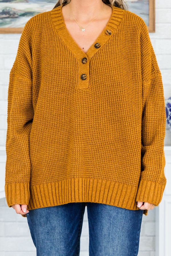 Chic Soul plus size clothing, camel knitted sweater with buttons on the neckline and a v neck style