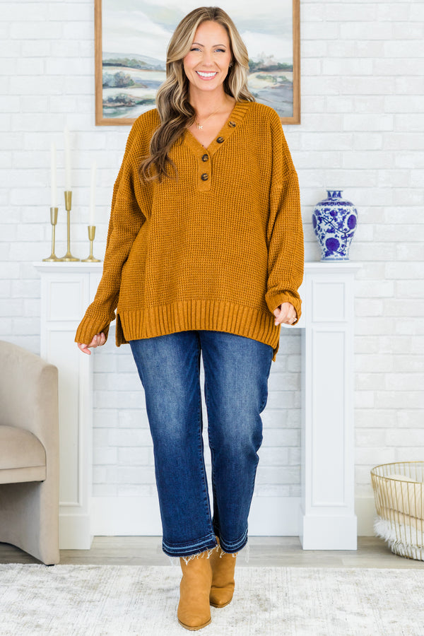 Chic Soul plus size clothing, camel knitted sweater with buttons on the neckline and a v neck style