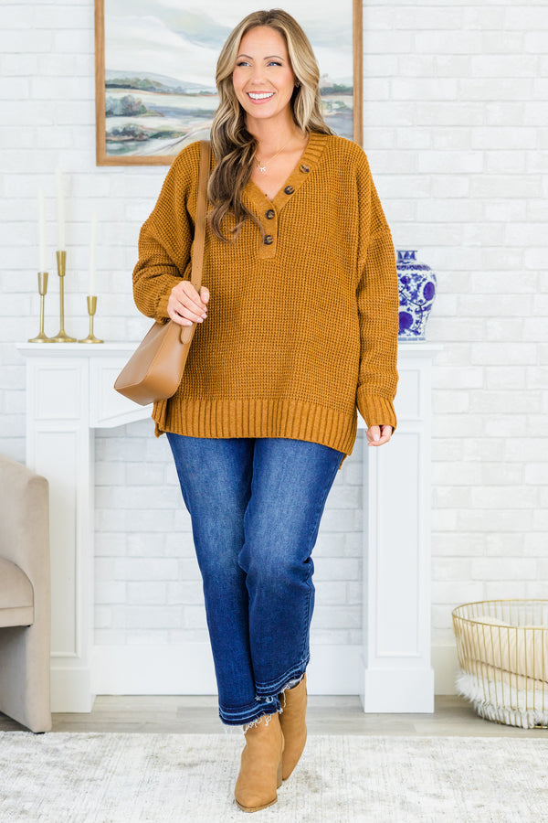 Chic Soul plus size clothing, camel knitted sweater with buttons on the neckline and a v neck style