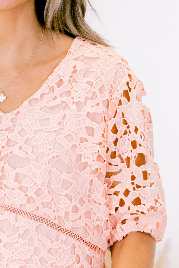 Chic Soul plus size clothing, short sleeve pink lace dress with a slight v-neck