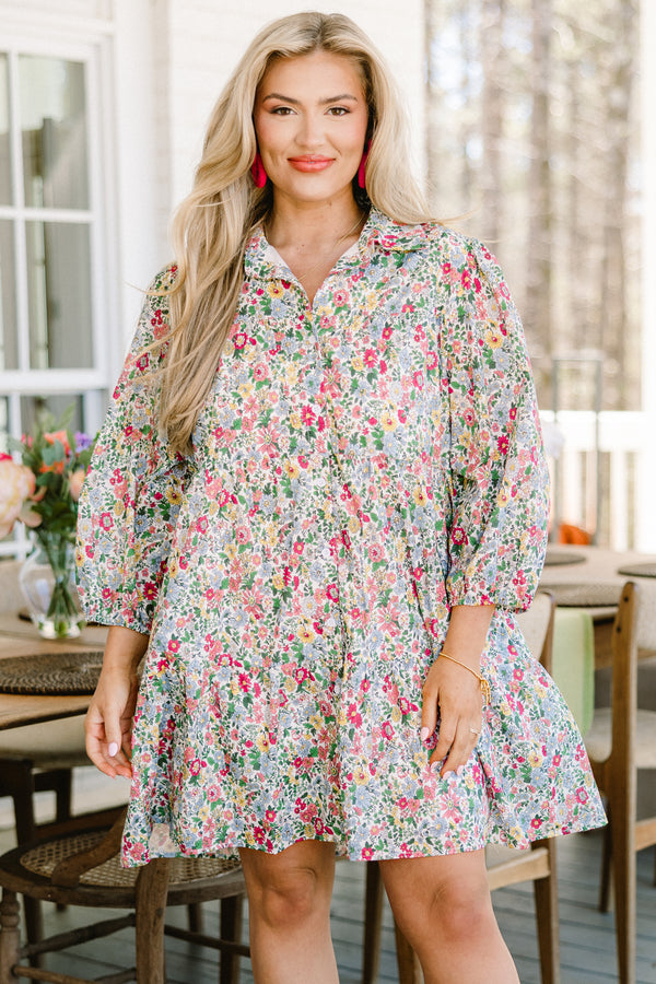 Chic Soul plus size clothing, quarter-balloon-sleeve pink floral collared ruffled short dress 