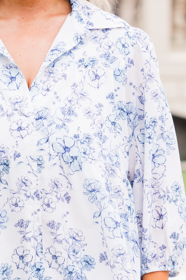 Chic Soul plus size clothing, white long sleeve mini dress with blue floral stencil design with v neck collar detail