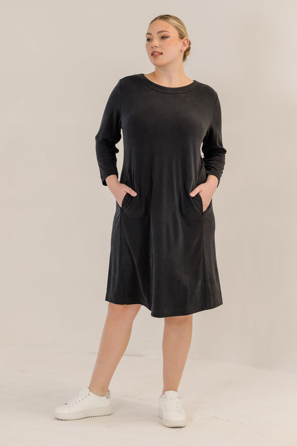 Chic Soul plus size clothing, black solid long sleeve knee length dress with boatneck line with pockets