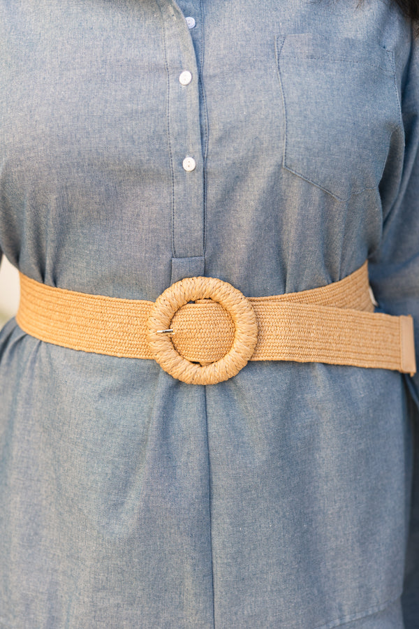 Chic Soul plus size clothing, tan woven belt with a circle woven belt buckle 