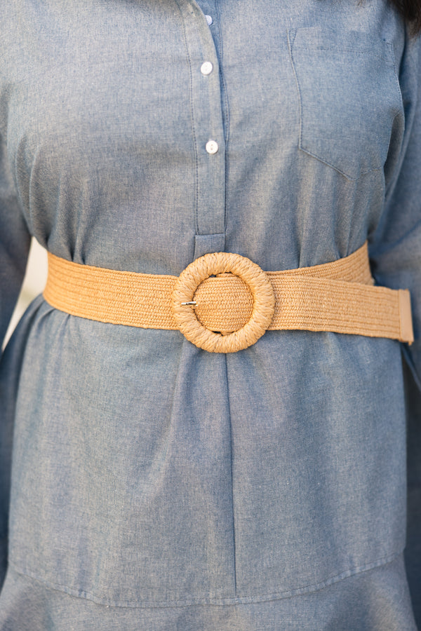 Chic Soul plus size clothing, tan woven belt with a circle woven belt buckle 