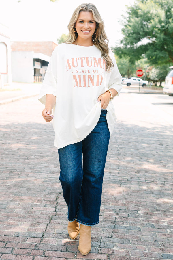 Plus Size ivory oversized boyfriend tee with peach Autumn State of Mind graphic and crew neckline.
