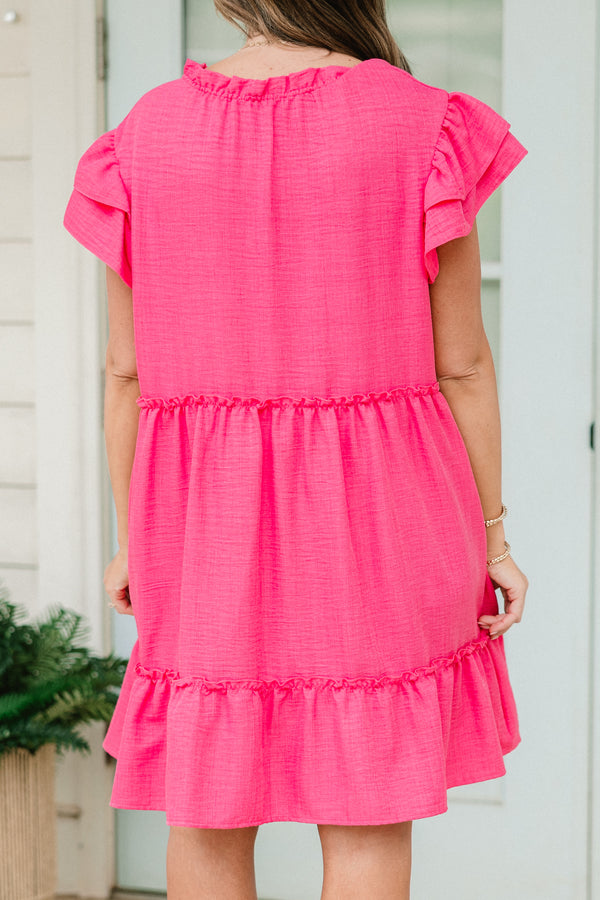 Chic Soul plus size clothing, short-puffed-ruffled-sleeve fuchsia pink ruffled baby doll dress with a white-buttoned-v-neckline 