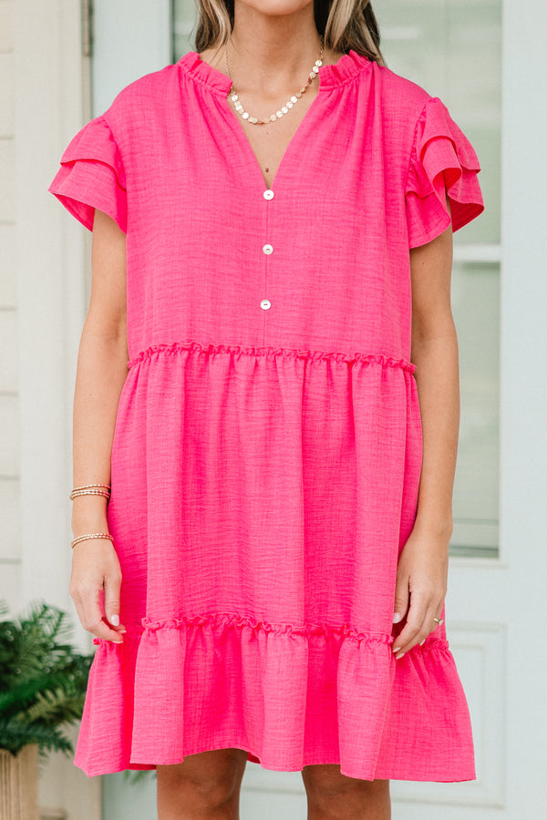 Chic Soul plus size clothing, short-puffed-ruffled-sleeve fuchsia pink ruffled baby doll dress with a white-buttoned-v-neckline 
