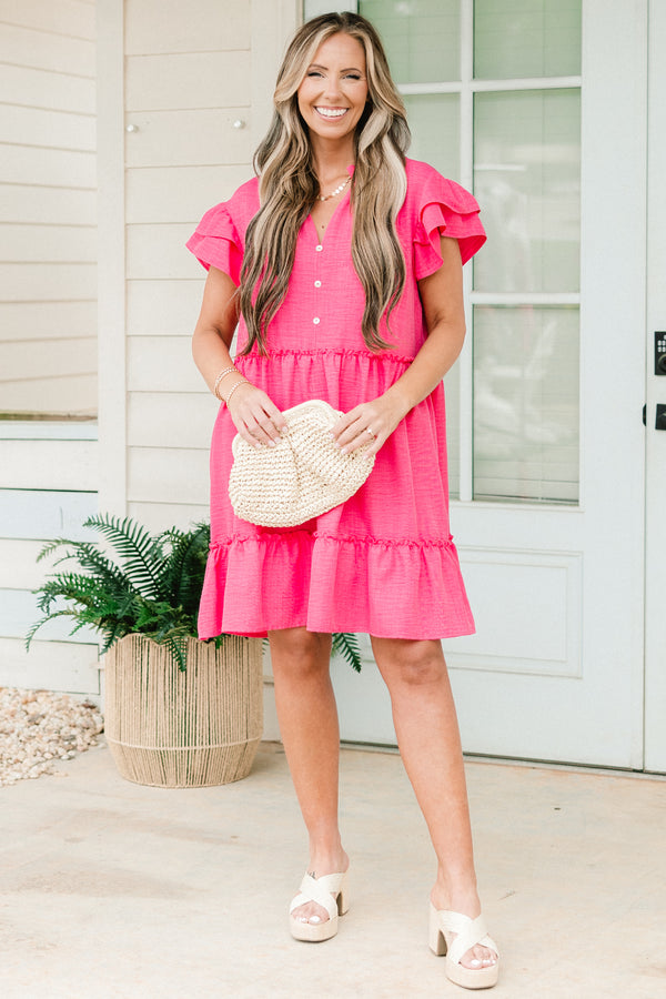 Chic Soul plus size clothing, short-puffed-ruffled-sleeve fuchsia pink ruffled baby doll dress with a white-buttoned-v-neckline 