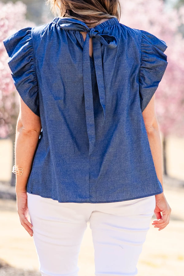 Chic Soul plus size clothing, denim top with ruffle short sleeve and synch round neckline with tie detail in the back